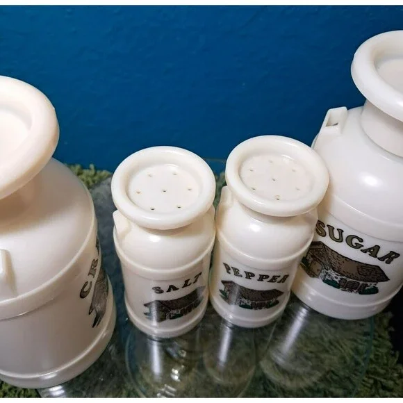 1970's Plastiques Inc Cream, Sugar, Salt, & Pepper Kitchen Set Vintage White - Picture 4 of 12